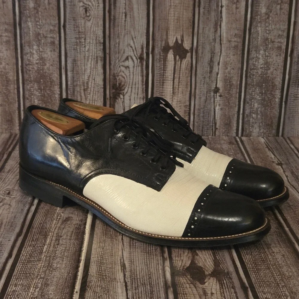 9.5 D Stacy Adams Madison Black White Spectator Cap Toe Oxford Shoes Excellent